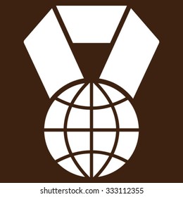 World Award vector icon. Style is flat symbol, white color, rounded angles, brown background.