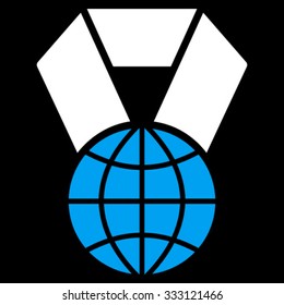 World Award vector icon. Style is bicolor flat symbol, blue and white colors, rounded angles, black background.