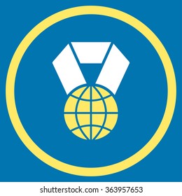 World Award vector icon. Style is bicolor flat circled symbol, yellow and white colors, rounded angles, blue background.