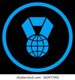 World Award vector icon. Style is flat circled symbol, blue color, rounded angles, black background.