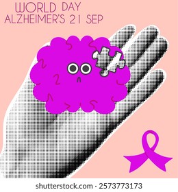 World awareness Alzheimer's day 21 September.  A sad brain with a missing puzzle piece lies on a halftone hand. Conceptual dementia disorder poster. 