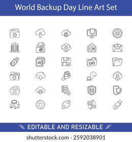World Backup Day Editable Line Art Icons for Data Security