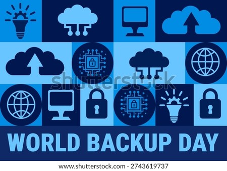 World Backup Day Pattern Banner or background. Tiled Blue Tech Graphic with Repeating Icons for Cloud Storage, Data Security, Global Networking, and Computing for Information Technology Awareness.