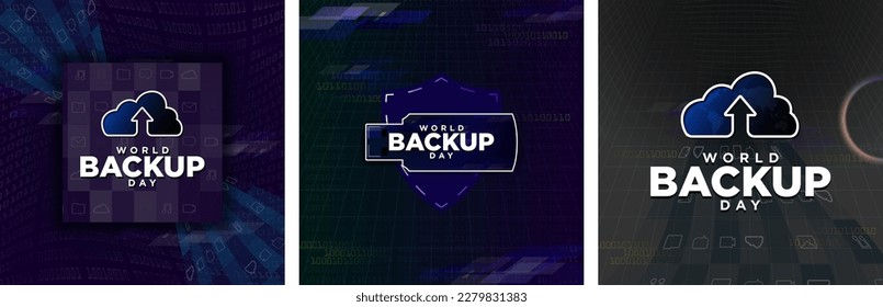World Backup Day Poster Set. Cloud Storage Icon with world backup day greeting on cyber background with icons of file types. USB Icon. File storage. Vector Illustration. EPS 10.