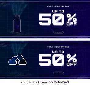 World Backup Day Sales Banner with up to 50% off and shop now Button. Cloud storage and USB Icons. Perfect for gadgets and digital service promo and discounts.  Vector Illustration. EPS 10.