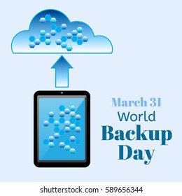 World Backup Day vector illustration. Realistic tablet PC computer or smartphone with data cells on the screen transmits data to the cloud security. EPS10 icon.
