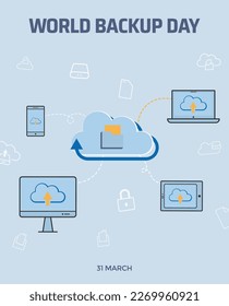 Tema de diseño de fondo vertical "Día Mundial de Backup" para cartel, afiche. Ilustración Día Mundial de Backup con signo de icono Datos de respaldo y almacenamiento en la nube