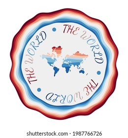 The World badge. Map of the world with beautiful geometric waves and vibrant red blue frame. Vivid round logo. Vector illustration.