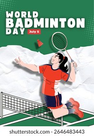 Dia Mundial de Badminton 5 de julho com um conceito simples dominado pelo verde. Ilustração vetorial do atleta de badminton em posição de esmagamento