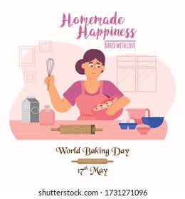 World Baking Day vector background. Homemade happiness. Baked with love. Woman making a cake at home. Life at home.