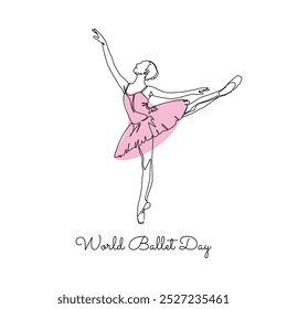 World Ballet Day. Ballerina female dancer in continuous one line drawing style with text. Isolated on white background. Vector illustration.