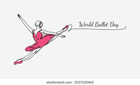 World Ballet Day. Ballerina female dancer in continuous one line drawing style with text. Isolated on white background. Vector illustration.