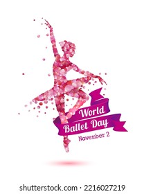 World Ballet Day. November 2. Vector banner with ballerina silhouette of pink rose petals