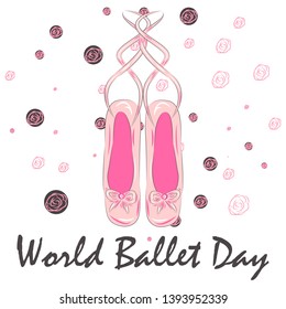 World Ballet Day, October. ballet dance conceptual illustration, A set of ballet pointes shoes. Ballet shoes.