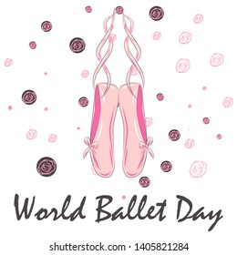 World Ballet Day, October. ballet dance conceptual illustration, A set of ballet pointes shoes. Ballet shoes.