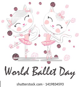 World Ballet Day, October. A pair of cute white ballerina cats in pink ballet tutu and pointe