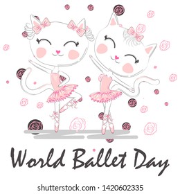 World Ballet Day, October. A pair of cute white ballerina cats in pink ballet tutu and pointe