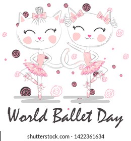 World Ballet Day, October. A pair of cute white ballerina cats in pink ballet tutu and pointe