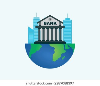 Banco mundial, banco fuerte en el planeta tierra, invirtiendo dinero en el banco, ahorrando dinero, banco confiable, ilustración de vector