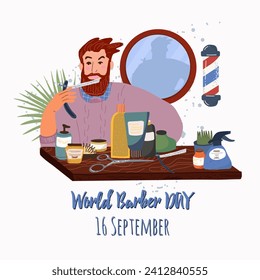 World barber day vector illustration. Hairdressing equipment. Vector flat illustration. Important day on september 16. 