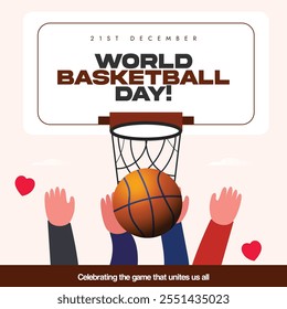 Día Mundial del Baloncesto. 21 de diciembre Anuncio de celebración del día del baloncesto con borde de baloncesto, las manos alrededor del borde. El día reconoce el alcance global del deporte y el impacto positivo en la unión de las personas del mundo.