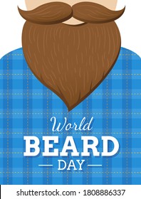 World Beard day poster or card design. Man with dark beard and mustache in blue shirt. - Vector illustration