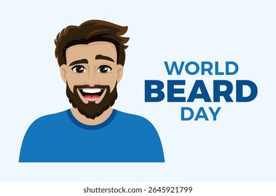 World Beard Day poster vector illustration. Portrait of a happy man with a beard vector. Smiling bearded man icon. Cheerful handsome young guy with brown hair cartoon. Template for background, banner