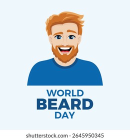 Ilustração vetorial do cartaz do Dia Mundial da Barba. Retrato de um homem ruivo feliz com vetor de barba. Ícone de homem barbudo de gengibre sorridente. Jovem alegre e bonito com desenho animado de cabelo vermelho