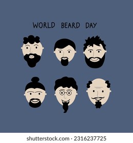 World Beard Day vector illustration for the holiday. Hand drawn different types of male faces with different beards. Design element for print, poster, banner, card, template for background