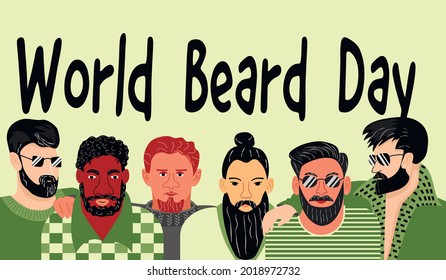 World Beards Day banner or poster with bearded men with different skin colors.Flat cartoon style characters wear beards of various shapes .Vector promotional template with greeting text.