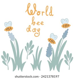 World bee day 20 May flat design bess and flowers poster on white background