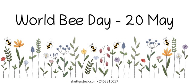 World Bee Day - 20 May. Banner with bees and a colorful flower meadow.