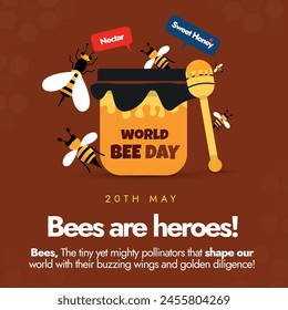 Día Mundial de las Abejas 20 de mayo de 2024. Anuncio de celebración del Día Mundial de las Abejas con botella de miel, gotero, abejas y panal de abejas sobre fondo de color marrón. El Día Mundial de la Abeja 2024 se centra en el tema Abeja comprometida con la Juventud.