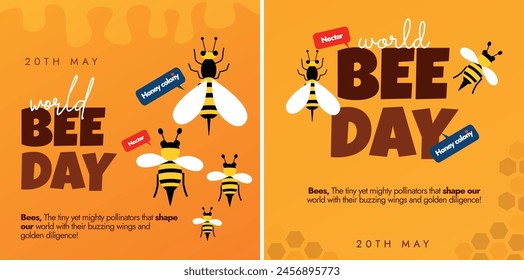 World Bee Day. 20th May World Bee Day celebration banners, post templates with Honey bees and honey comb pattern on orange background. The Day focus on importance of preserving honey bees, pollinators