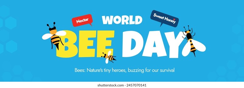 World Bee day 20th May 2024. World Bee day celebration cover banner in sky background with cute Bees and silhouette honeycomb pattern. Bees day is celebrated to encourage pollinators. Conceptual post.