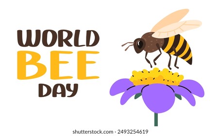 World bee day background. Honey bee collect pollen from flower. Honeybee day banner. Vector flat illustration.