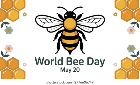 World Bee Day Background with Honey Bee and Flowers – 20 May Pollination Awareness Concept