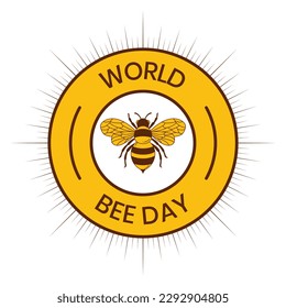 world bee day badge logo, stamp, starburst sunset logo with bee vector, sunburst background colorful bee day design vector illustration