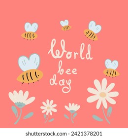 Abejas del día mundial flores de insectos cartel de diseño plano