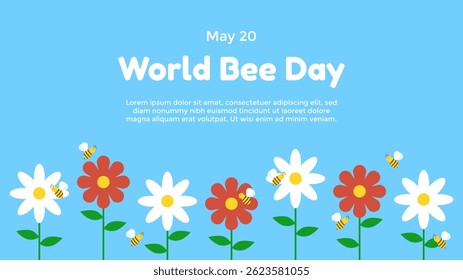 World Bee Day blue background greeting with flowers and bees around it