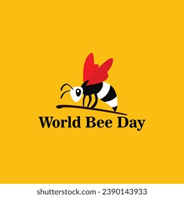 La caligrafía del Día Mundial de la Abeja muestra unas bonitas abejas con dibujos animados y un mapa del mundo. Fácil de editar plantilla vectorial para banner, afiche, volante, pegatina, postal, camiseta, etc.