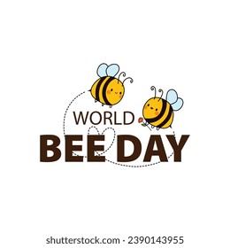 World Bee Day calligraphy hand lettering with cute cartoon bees and world map. Easy to edit vector template for banner, poster, flyer, sticker, postcard, t-shirt, etc.