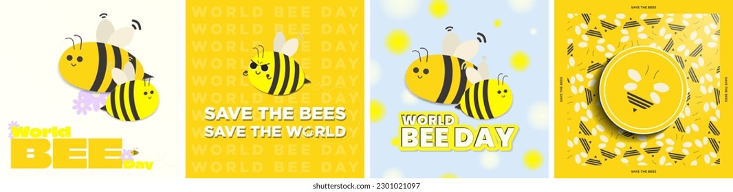 World Bee Day Card Posters Set, held on May 20. Cartoon Bees with smiling expressions on colorful backgrounds. Illustration of honey bees and bumblebees. Vector Illustration.