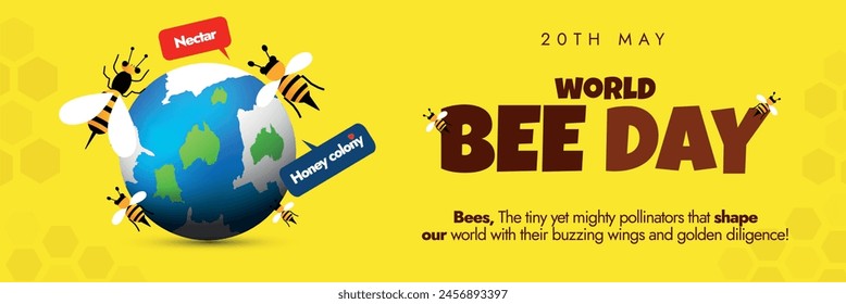 World Bee day celebration cover banner. 20th May World bee day conceptual banner, post with earth globe and honey bees on it to show the essential role bees, pollinators play in keeping planet healthy