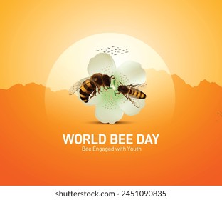 World Bee Day. World Bee Day creative template for banner, poster, flyer, sticker, postcard, t-shirt, etc. honey bee on a flowers in the nature banner for World Bee Day.