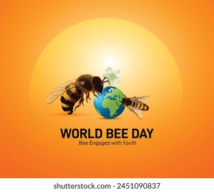 World Bee Day. World Bee Day creative template for banner, poster, flyer, sticker, postcard, t-shirt, etc. honey bee on a flowers in the nature banner for World Bee Day.