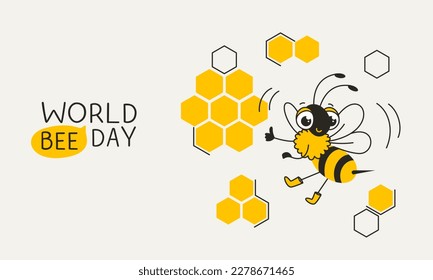 Bienentag der Welt. Sonnige Biene mit Wabenbienenstock. Der Finger ist aufgezogen. Vektorflache Illustration für Banner, Poster, Karte, T-Shirt und mehr