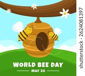 World Bee Day greeting background with honeycomb hanging on tree branches