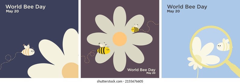 World Bee Day Greeting Card Set. Celebrated on May 20. Vector Illustration of Bees, flowers, magnifying glass looking at flower and bees. Minimalist concept.