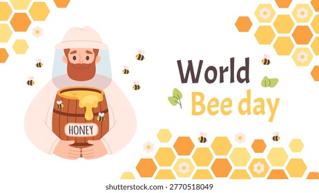 World bee day greeting card. Beekeeping concept. Perfect for banners, posters, organic products branding and educational materials. Flat vector illustration